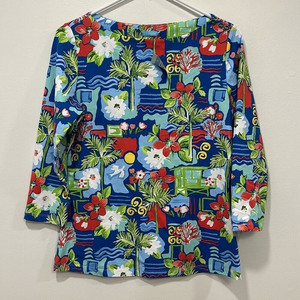 J Mclaughlin Womens Wavesong Top Small Tropical Hawaii Catalina Cloth 3/4 Sleeve